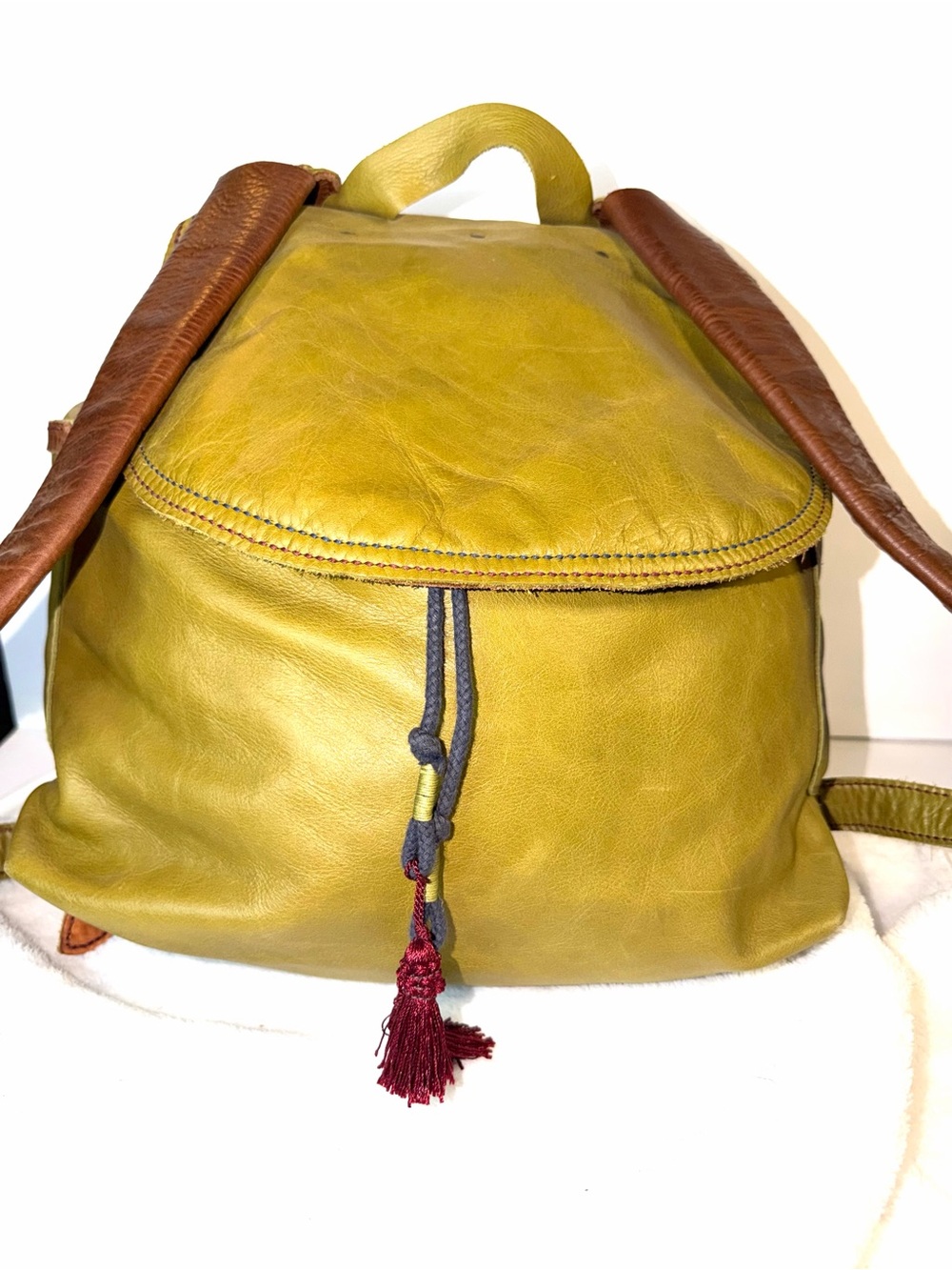 Hand Crafted Leather Backpack in Olive Green with Brown Straps
